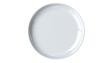 Plain white dinner plate on white background, ideal for presentations and culinary displays.