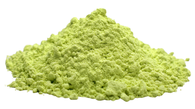 Piled green powder on a white isolated background, perfect for culinary or dietary concept.