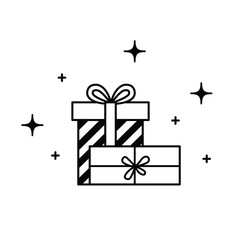 Line art stacked gifts with sparkles illustration. Monochrome celebration presents outline vector. Minimalist hand drawn holiday gift composition.