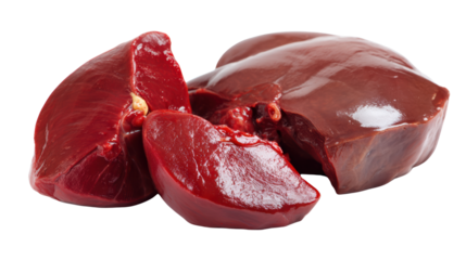 Raw beef liver pieces, isolated on a white background, showcasing rich color and texture.