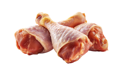 Raw chicken drumsticks on a white isolated background, ideal for culinary presentations and recipe illustrations.