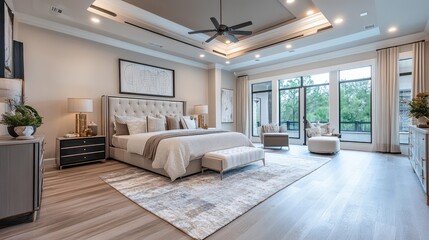 A breathtaking modern master bedroom with an open layout, luxurious finishes, and a relaxing ambiance