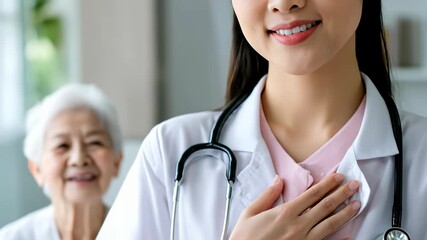 Caring young medical professional smiling with hand on chest showing empathy for a happy senior woman in a modern nursing home setting. Elderly health and wellness support.