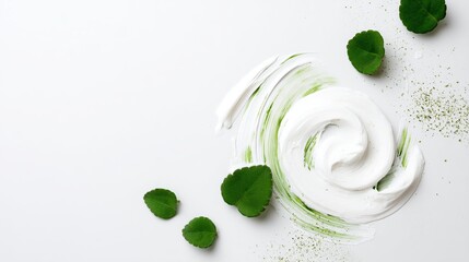 Skincare cream, green leaves placed on a clean white background, with space in the top left for text or a logo. Perfect for beauty, skincare marketing, and brand promotion.