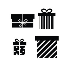 Black silhouette gift boxes icon set. Monochrome presents with different patterns. Minimalist holiday and birthday vector.