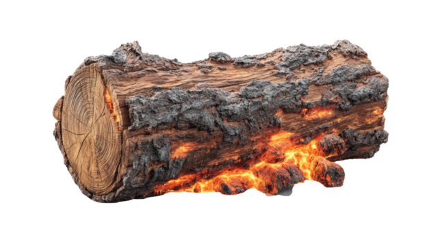Realistic log with glowing embers, perfect for campfire or nature-themed designs, white isolate background.