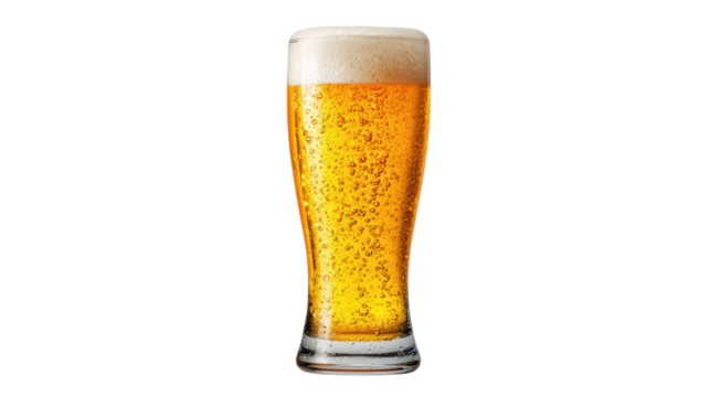 Refreshing beer in a tall glass with bubbles, white isolated background.