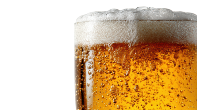 Refreshing beer in a glass with bubbles and foam, isolated on white background.