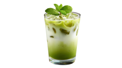 Refreshing iced matcha latte with creamy milk and mint garnish, perfect for a warm day.