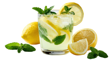 Refreshing lemonade cocktail with mint leaves and lemon slices on a white background.