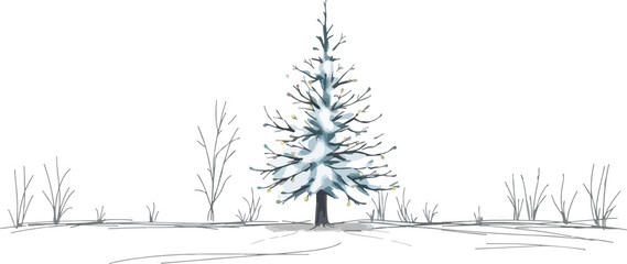 Simple winter landscape with single snowy evergreen tree
