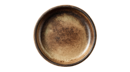 Round ceramic plate with earthy tones on a white background, perfect for showcasing culinary delights.
