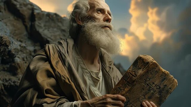 Sacred tablet scene: god gives moses law on mount sinai, biblical covenant, spiritual guide, holy truth, faithful life, divine foundation, religious symbol, chosen nation, eternal message, moral path,