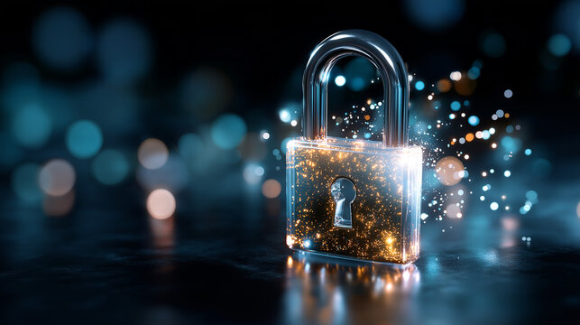 Glowing padlock with particle effects, defocused high-tech environment, cybersecurity concept, data protection visualization, digital security technology, information safety symbol