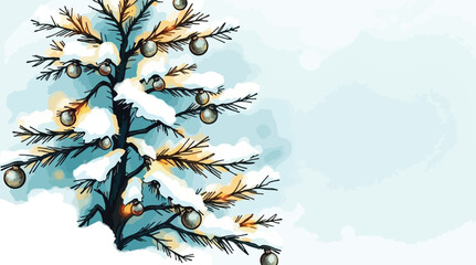 Snowy Christmas tree with golden festive baubles
