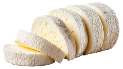 Sliced cheese showcasing its texture and creamy appearance, isolated on a white background.