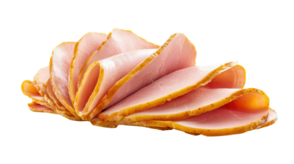 Sliced smoked ham arranged elegantly, showcasing the rich color and texture, isolated on white background.