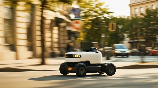 Autonomous delivery bot driving on a street, future mobility, smart city logistics, automated package transport, modern service vehicle concept, urban transportation system.