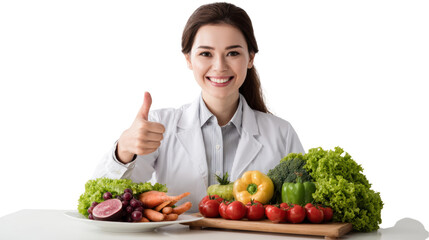 Woman in lab coat giving thumbs up with fresh vegetables on table, isolated background.