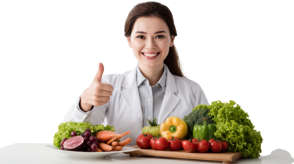 Woman in lab coat giving thumbs up with fresh vegetables on table, isolated background.
