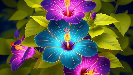 Close up of vibrant hibiscus flowers with green leaves in the background
