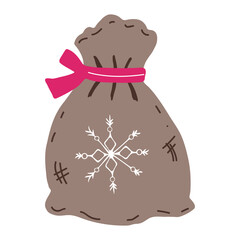 Christmas gift illustration holiday, bag festive present Scandinavian Santa sack, cute vintage burlap tied with a bow. A cozy winter design perfect for holiday graphics and seasonal decor