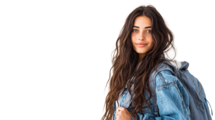Young woman with long hair and backpack, smiling, standing against a white background.