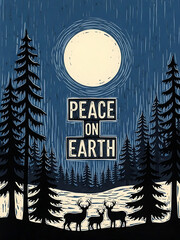 christmas poster with moonlit forest and deer, christmas card featuring peace on earth message, festive card with serene winter scene

