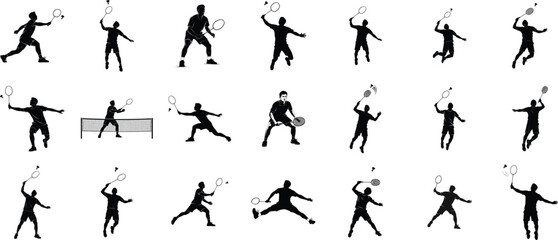 Black vector silhouettes set of women playing tennis, running, and doing various sports poses illustration