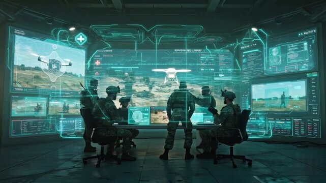 AI technology in the army. Warfare analytic operator checking coordination of the military team. Military commander with a digital tablet device with artificial intelligence operating troops outdoors