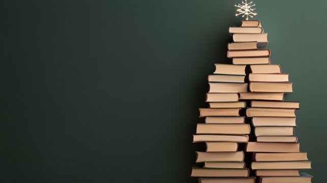 creative arrangement of books shaped like a Christmas tree, topped with a decorative star against a dark green background.