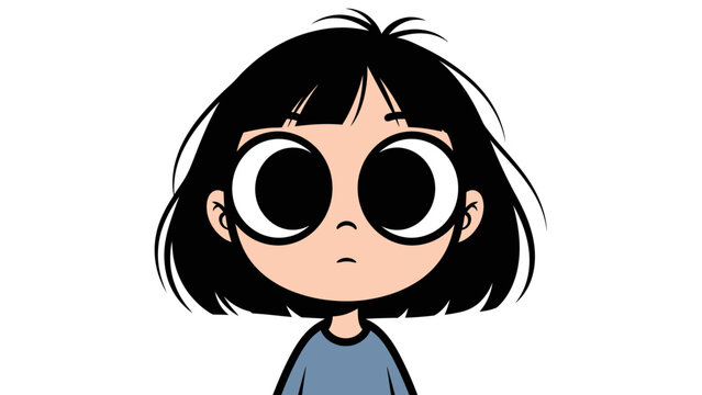 Cute cartoon illustration of a young girl with big dark eyes and black bob hair looking forward with a neutral expression.