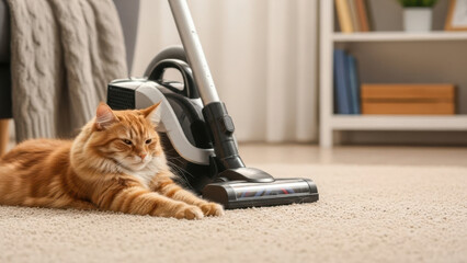 Cat Relaxing Next to Vacuum Cleaner on Rug for Pet Care Blogs, Home Cleaning Websites, Allergic Awareness, Asthma-Friendly Home Content, and Social Media Posts