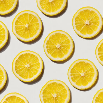 Rodajas de lim&oacute;n frescas dispuestas en patr&oacute;n diagonal sobre superficie clara. Dise&ntilde;o gr&aacute;fico, publicidad de productos c&iacute;tricos, recetas saludables, verano, cocina natural . Limonada. Rodajas est&eacute;tica