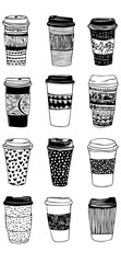 This is a black and white illustration showcasing a collection of twelve different disposable coffee cups. Each cup features a unique, hand-drawn pattern or texture on its sleeve or body, including st