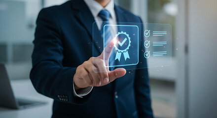 Businessman Pressing Digital Quality Assurance Badge Icon with Checklist, Corporate Approval and Certification Technology Interface in Modern Office