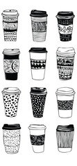 This is a black and white illustration showcasing a collection of twelve different disposable coffee cups. Each cup features a unique, hand-drawn pattern or texture on its sleeve or body, including st