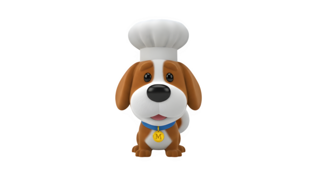 Cute cartoon dog character wearing a tall white chef hat and a blue collar with a gold medal, isolated on transparent background