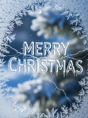 christmas poster with icy merry christmas text, festive holiday card with frosty branches and snowflakes
