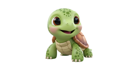 Adorable cute baby turtle cartoon character with big eyes and a happy smile, isolated on transparent background for easy use in design projects