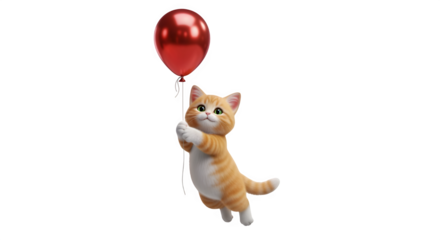 Cute orange and white tabby kitten character holding onto a string attached to a shiny red balloon, appearing to float or fly against a pure transparent background, isolated on transparent background