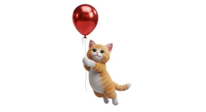 Cute orange and white tabby kitten character holding onto a string attached to a shiny red balloon, appearing to float or fly against a pure transparent background, isolated on transparent background