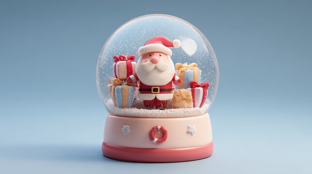 Christmas snow globe, Santa Claus, gifts flat design front view North Pole theme 3D render. 
