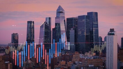 Futuristic cityscape with animated stock market graph showing financial data analysis. Digital overlay of global business and technology - Powered by Adobe