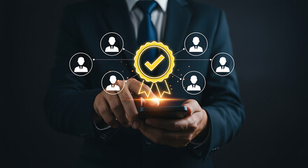 Businessman Using Mobile Device with Quality Assurance Badge and Employee Network Icons in Modern Digital Interface