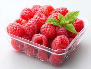 Raspberry delight: A vibrant display of ripe raspberries bursts from a clear container, offering a visual feast of color and texture. Freshly picked raspberries showcase the essence of summer.