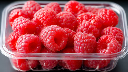 Berry Bliss: A close-up shot of fresh, vibrant raspberries, artfully arranged in a clear plastic container, the image bursting with the juicy allure of a healthy treat.