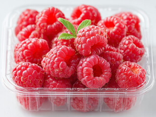 Vibrant Berries Delight: A close-up shot of fresh, plump raspberries in a transparent container, with a single green leaf. The juicy berries burst with color and offer a refreshing taste experience.