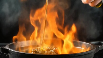 Chef pouring oil into a flaming wok pan for a dramatic stir fry cooking demonstration