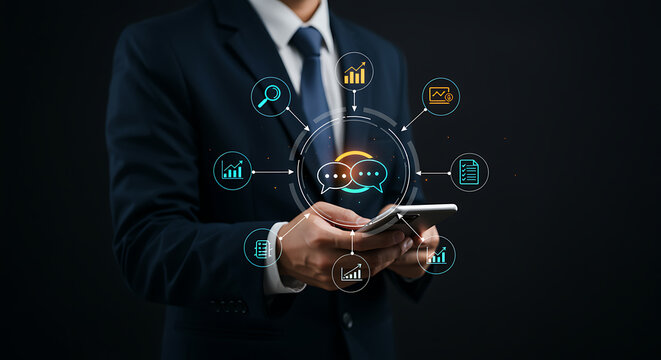 Business Professional Using Smartphone with Analytics, Communication, and Productivity Icons in Futuristic Digital Interface